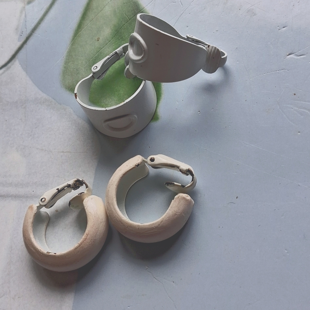 White Hoops  Lot Of 2 Pairs Clip On Earrings